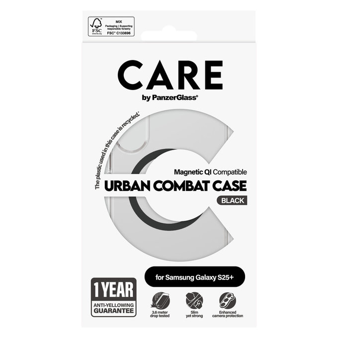 Ovitek Urban Combat s črnim QI za Samsung Galaxy S25+, Prozorna, PanzerGlass