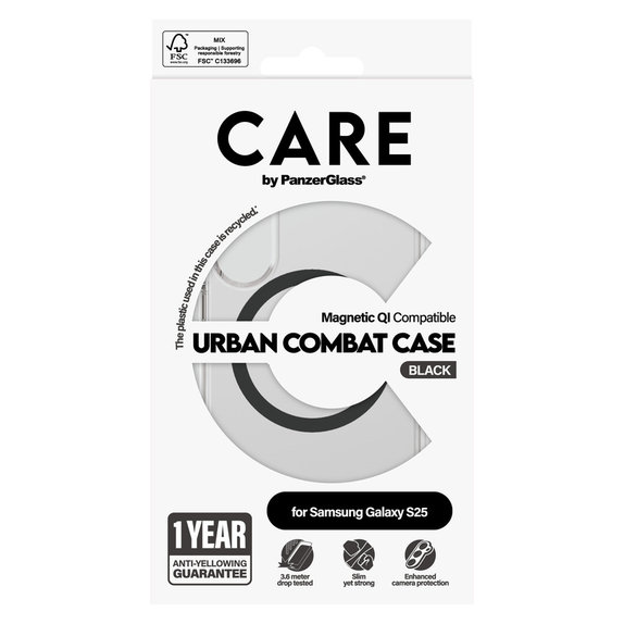 Ovitek Urban Combat s črnim QI za Samsung Galaxy S25, Prozorna, PanzerGlass