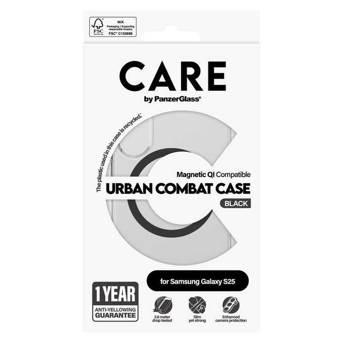 Ovitek Urban Combat s črnim QI za Samsung Galaxy S25, Prozorna, PanzerGlass