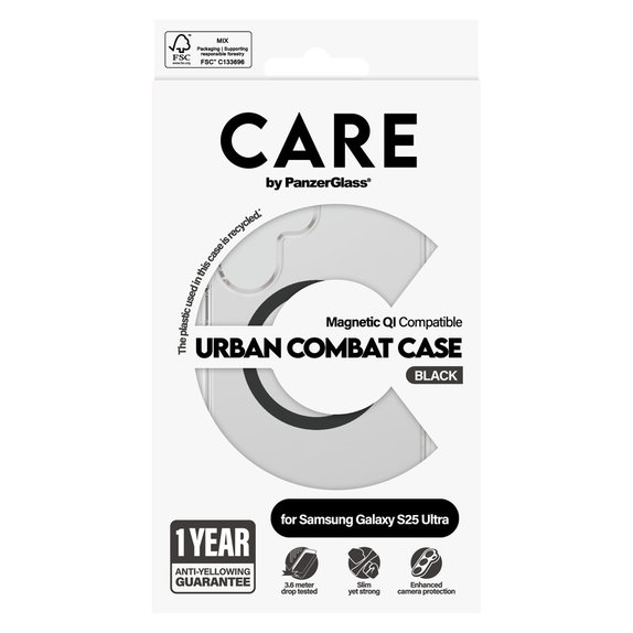 Ovitek Urban Combat s črnim QI za Samsung Galaxy S25 Ultra, Prozorna, PanzerGlass