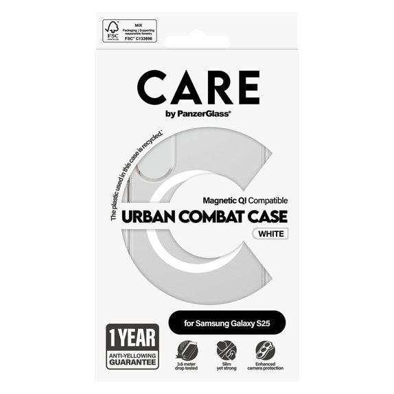 Ovitek Urban Combat z belim QI za Samsung Galaxy S25, Prozorna, PanzerGlass