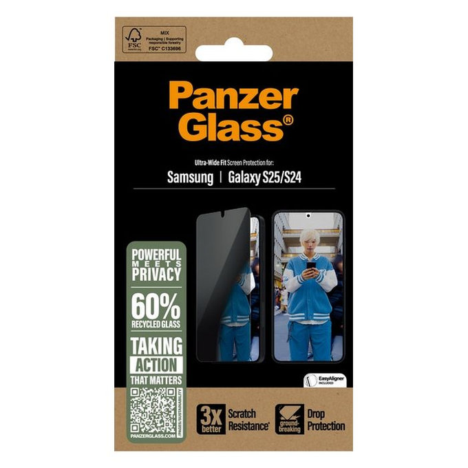 PanzerGlass - Kaljeno Steklo UWF Privacy z aplikatorjem za Samsung Galaxy S25, transparent
