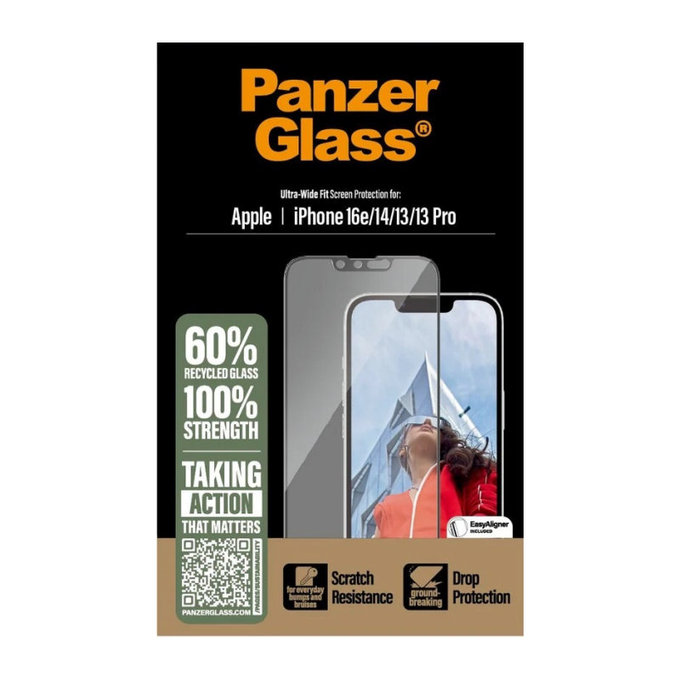 UWF kaljeno steklo z aplikatorjem za iPhone 17e/16e/14/13/13 Pro, Črna, PanzerGlass
