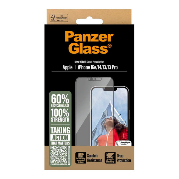 UWF kaljeno steklo z aplikatorjem za iPhone 17e/16e/14/13/13 Pro, Črna, PanzerGlass