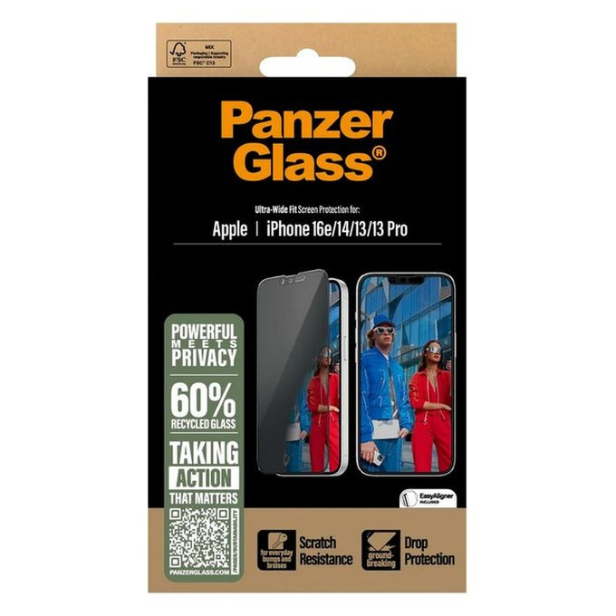 PanzerGlass - Kaljeno Steklo UWF Privacy z aplikatorjem za iPhone 13, 13 Pro, 14 in 16e, transparent