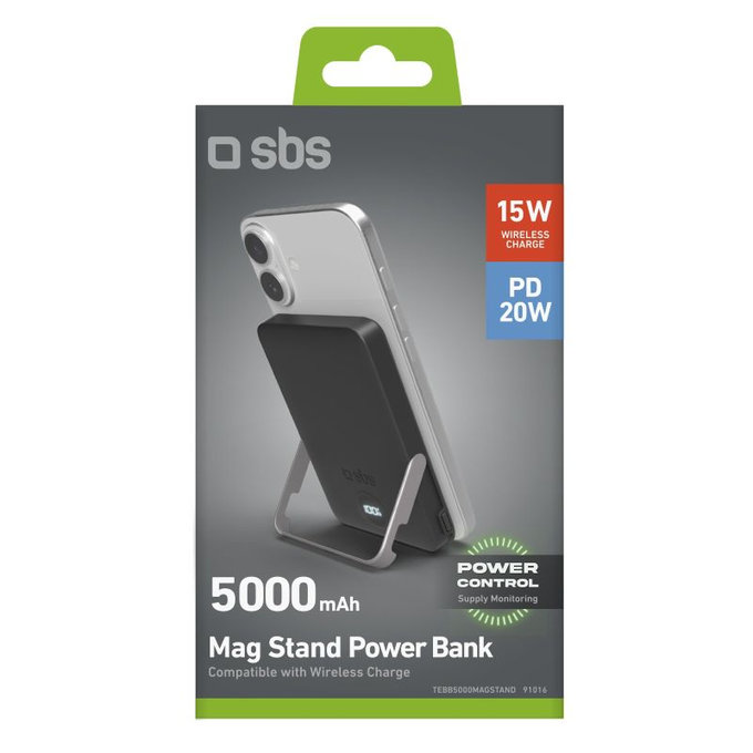 SBS - PowerBank 5000mAh, 20W, Power Delivery, Mag Stand, črna