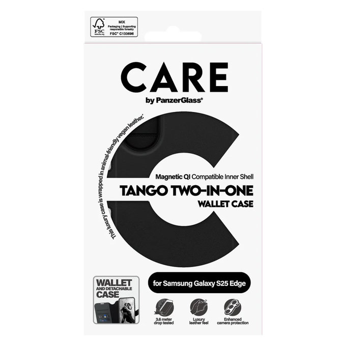 Ovitek Wallet Tango Two-In-One s QI za Samsung Galaxy S25 Edge, Črna, PanzerGlass
