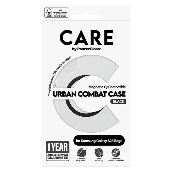 Ovitek Urban Combat s črnim QI za Samsung Galaxy S25 Edge, Prozorna, PanzerGlass