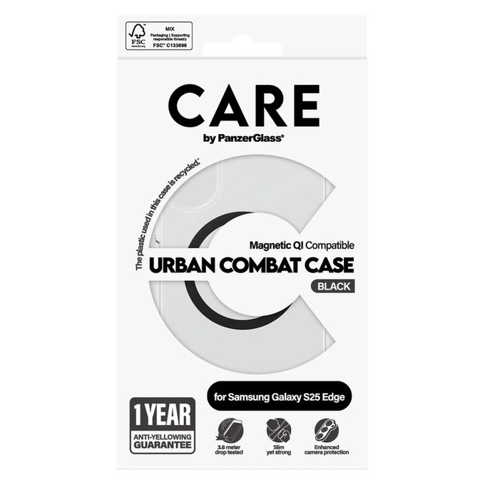 Ovitek Urban Combat s črnim QI za Samsung Galaxy S25 Edge, Prozorna, PanzerGlass