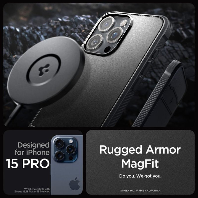 Spigen - Ovitek Rugged Armor z MagSafe za iPhone 15 Pro, Matte Black