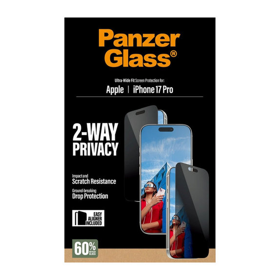 UWF 2-Way Privacy kaljeno steklo z aplikatorjem za iPhone 17 Pro, Črna, PanzerGlass