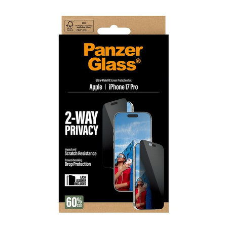 PanzerGlass - Tvrđeno steklo UWF 2-Way Privacy z aplikatorjem za iPhone 17 Pro, črna