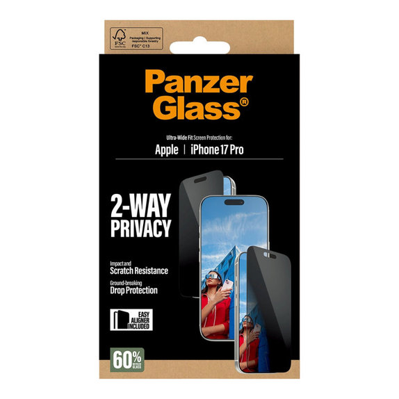 UWF 2-Way Privacy kaljeno steklo z aplikatorjem za iPhone 17 Pro, Črna, PanzerGlass
