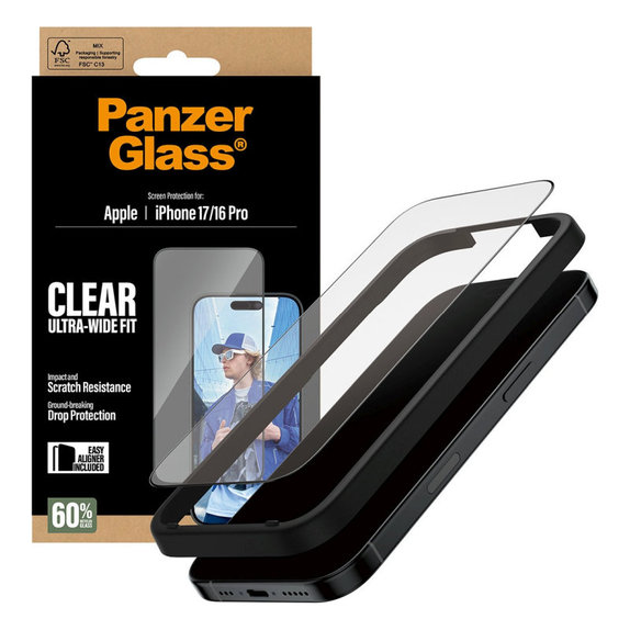 UWF kaljeno steklo z aplikatorjem za iPhone 17/16 Pro, Črna, PanzerGlass