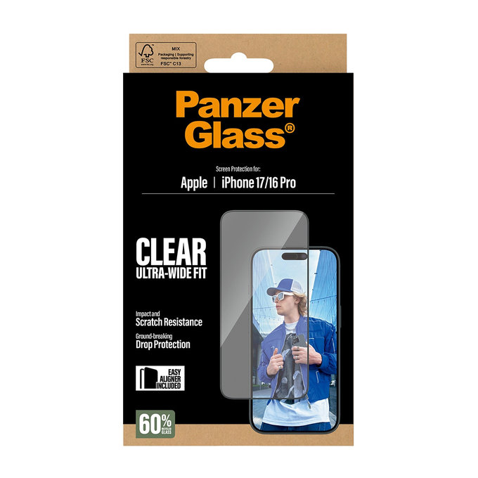 UWF kaljeno steklo z aplikatorjem za iPhone 17/16 Pro, Črna, PanzerGlass