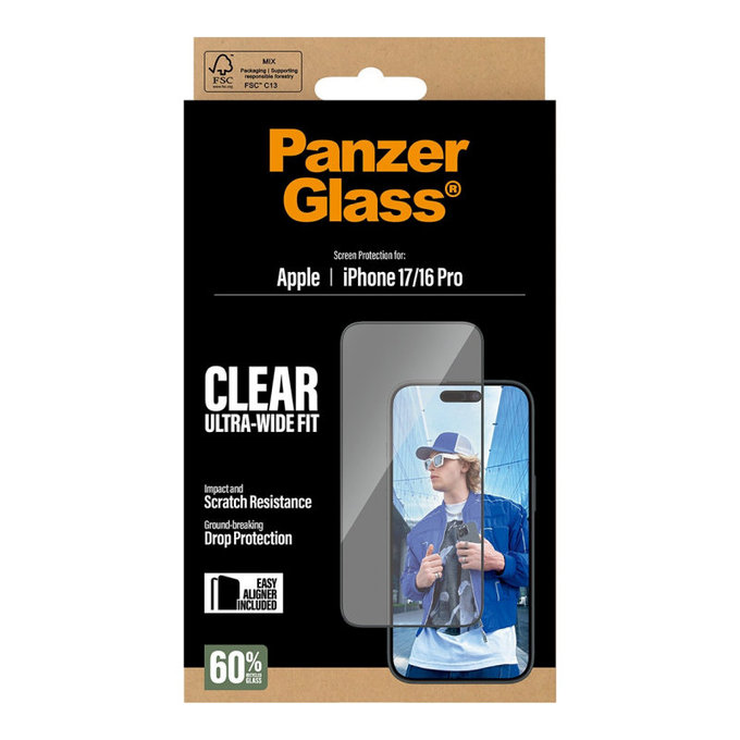 UWF kaljeno steklo z aplikatorjem za iPhone 17/16 Pro, Črna, PanzerGlass