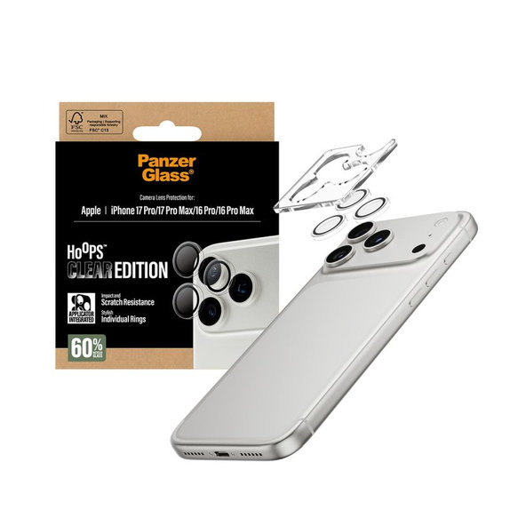 Zaščita objektiva Hoops za iPhone 17 Pro Max/17 Pro/16 Pro Max/16 Pro, transparent, PanzerGlass
