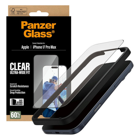 UWF kaljeno steklo z aplikatorjem za iPhone 17 Pro Max, Črna, PanzerGlass