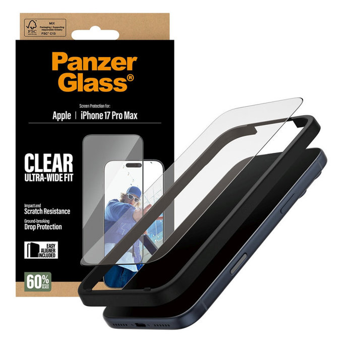 UWF kaljeno steklo z aplikatorjem za iPhone 17 Pro Max, Črna, PanzerGlass