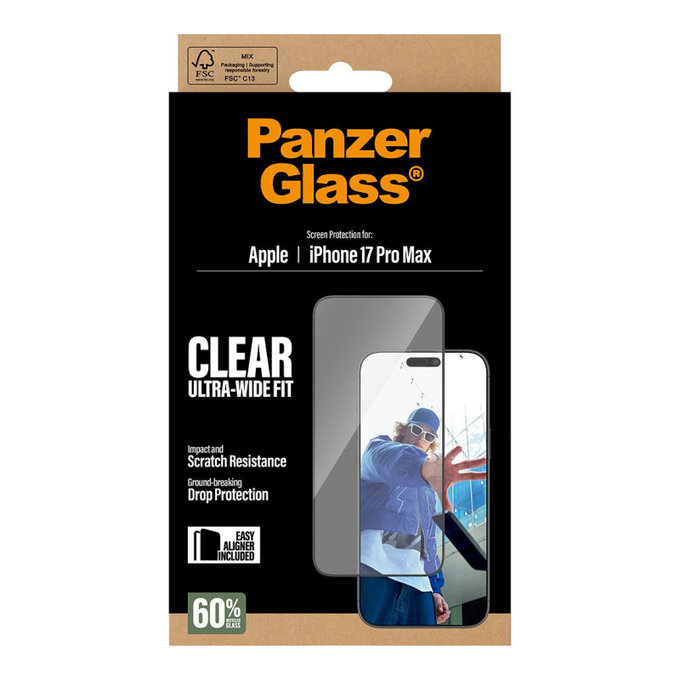 UWF kaljeno steklo z aplikatorjem za iPhone 17 Pro Max, Črna, PanzerGlass