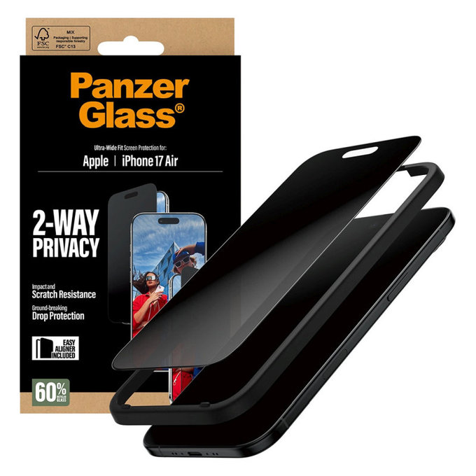 Kaljeno steklo UWF 2-Way Privacy z aplikatorjem za iPhone 17 Air, Črna, PanzerGlass