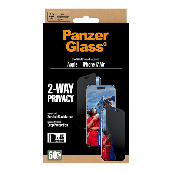 Kaljeno steklo UWF 2-Way Privacy z aplikatorjem za iPhone 17 Air, Črna, PanzerGlass