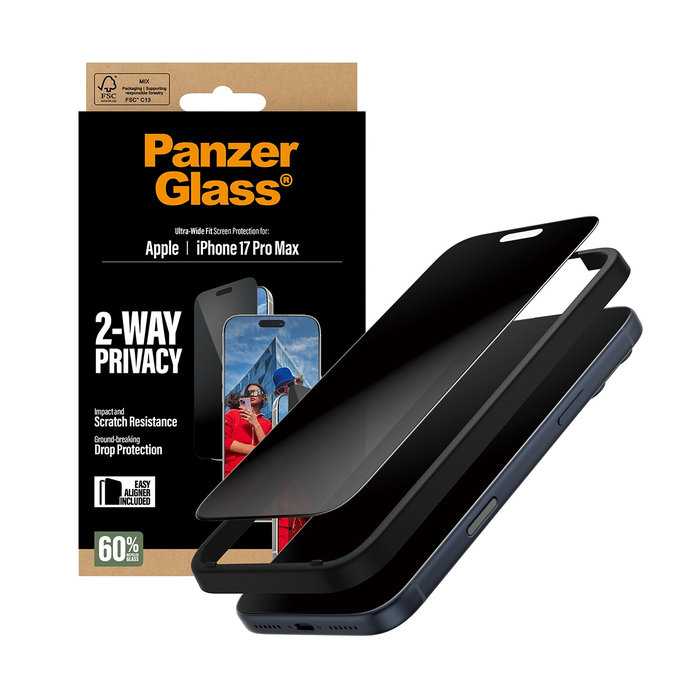 UWF 2-Way Privacy kaljeno steklo s Fastfit za iPhone 17 Pro Max, Črna, PanzerGlass