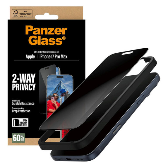 UWF 2-Way Privacy kaljeno steklo s Fastfit za iPhone 17 Pro Max, Črna, PanzerGlass