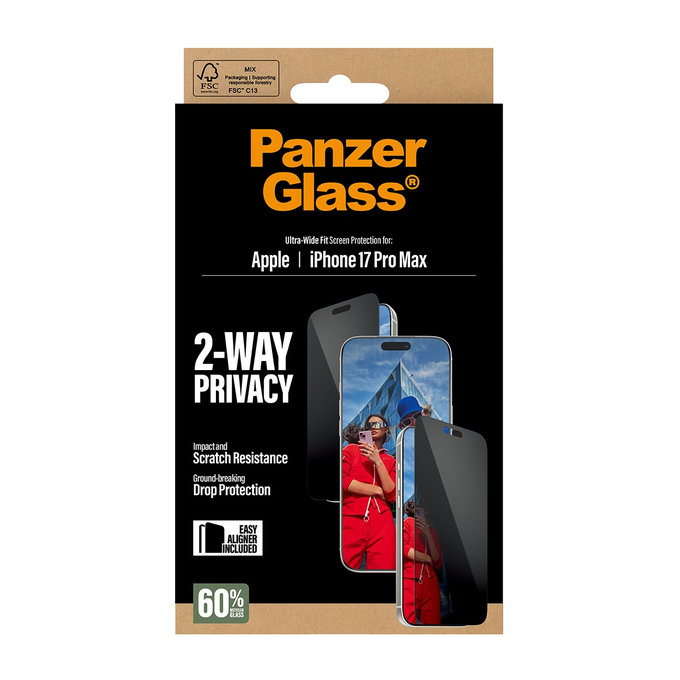 UWF 2-Way Privacy kaljeno steklo s Fastfit za iPhone 17 Pro Max, Črna, PanzerGlass