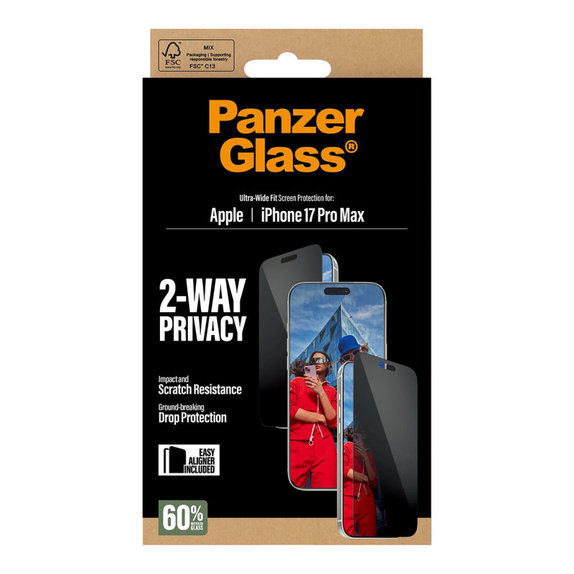 UWF 2-Way Privacy kaljeno steklo s Fastfit za iPhone 17 Pro Max, Črna, PanzerGlass