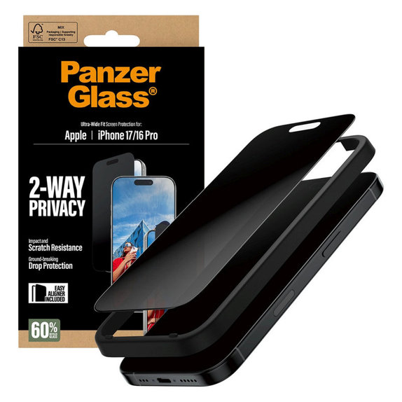 UWF 2-Way Privacy kaljeno steklo s Fastfit za iPhone 17/16 Pro, Črna, PanzerGlass