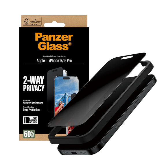 UWF 2-Way Privacy kaljeno steklo s Fastfit za iPhone 17/16 Pro, Črna, PanzerGlass