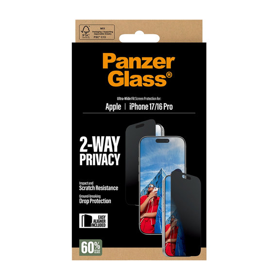 UWF 2-Way Privacy kaljeno steklo s Fastfit za iPhone 17/16 Pro, Črna, PanzerGlass
