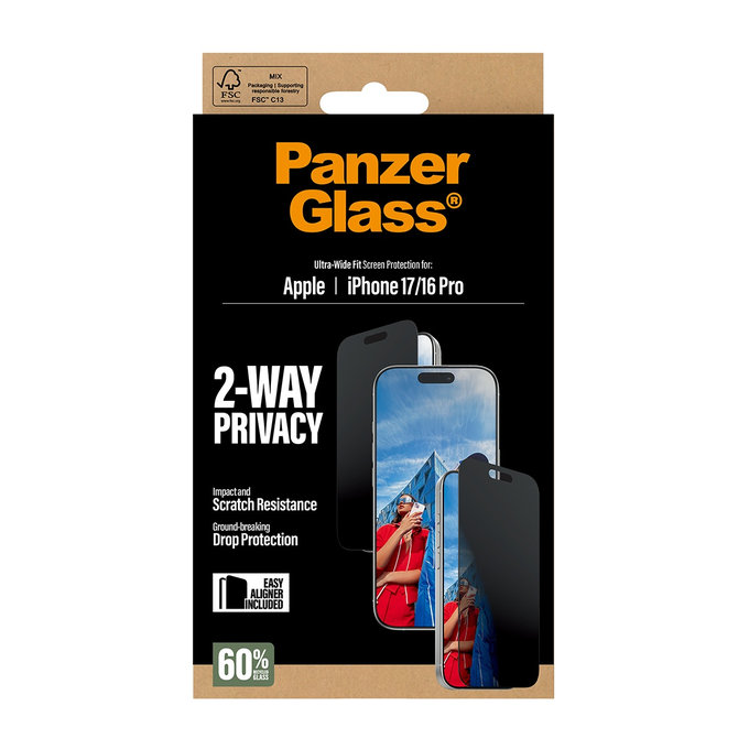 UWF 2-Way Privacy kaljeno steklo s Fastfit za iPhone 17/16 Pro, Črna, PanzerGlass