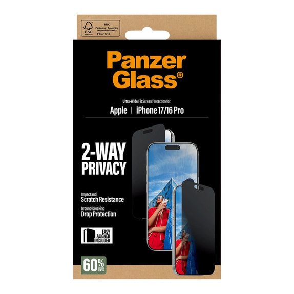 UWF 2-Way Privacy kaljeno steklo s Fastfit za iPhone 17/16 Pro, Črna, PanzerGlass