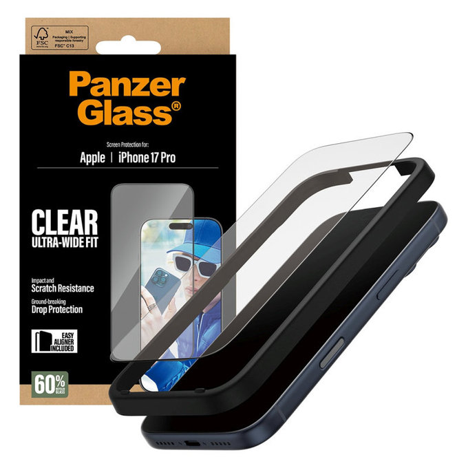 UWF kaljeno steklo z aplikatorjem za iPhone 17 Pro, Črna, PanzerGlass
