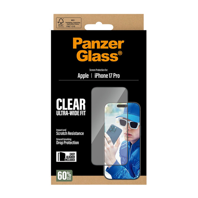 UWF kaljeno steklo z aplikatorjem za iPhone 17 Pro, Črna, PanzerGlass