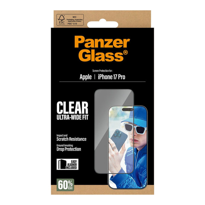UWF kaljeno steklo z aplikatorjem za iPhone 17 Pro, Črna, PanzerGlass
