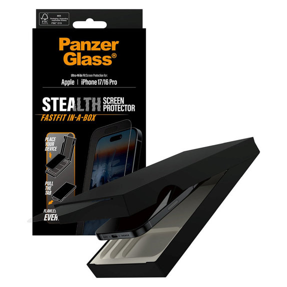 Kaljeno steklo UWF Stealth s Fastfit za iPhone 17/16 Pro, Črna, PanzerGlass