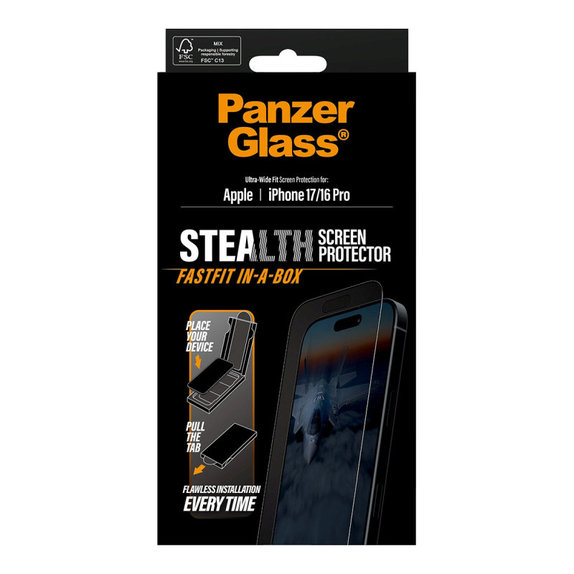 Kaljeno steklo UWF Stealth s Fastfit za iPhone 17/16 Pro, Črna, PanzerGlass
