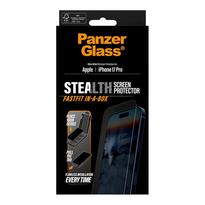 Kaljeno steklo UWF Stealth s Fastfit za iPhone 17 Pro, Črna, PanzerGlass