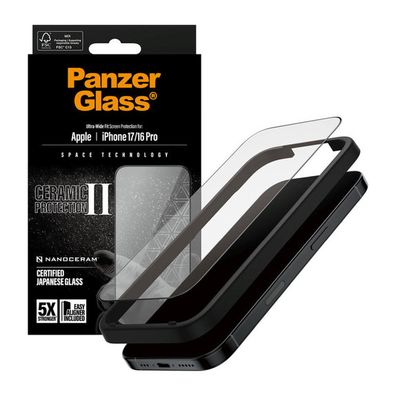 UWF Ceramic II kaljeno steklo s Fastfit za iPhone 17/16 Pro, Črna, PanzerGlass