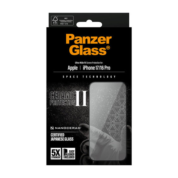 UWF Ceramic II kaljeno steklo s Fastfit za iPhone 17/16 Pro, Črna, PanzerGlass
