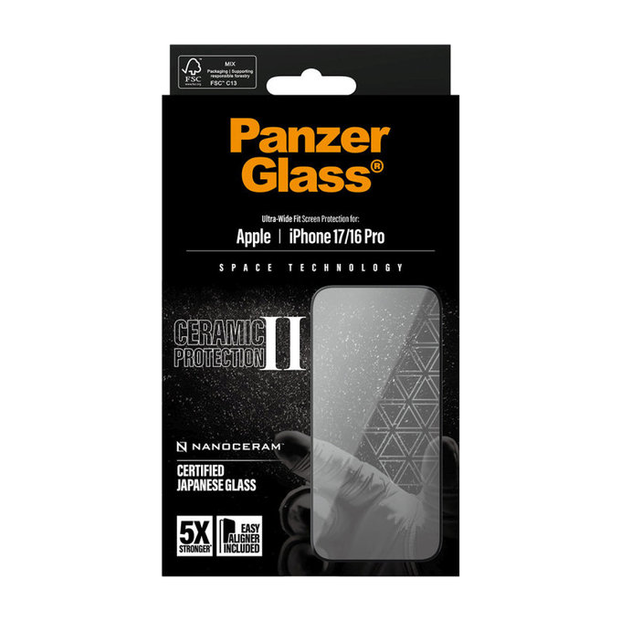 UWF Ceramic II kaljeno steklo s Fastfit za iPhone 17/16 Pro, Črna, PanzerGlass