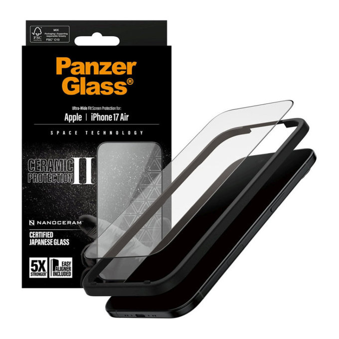 Kaljeno steklo UWF Ceramic II z aplikatorjem za iPhone 17 Air, Črna, PanzerGlass