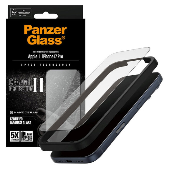 Kaljeno steklo UWF Ceramic II z aplikatorjem za iPhone 17 Pro, Črna, PanzerGlass