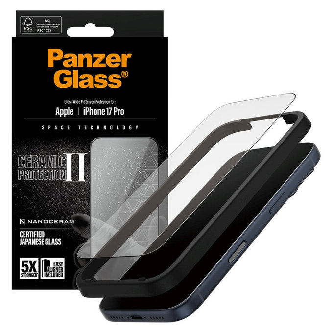 Kaljeno steklo UWF Ceramic II z aplikatorjem za iPhone 17 Pro, Črna, PanzerGlass