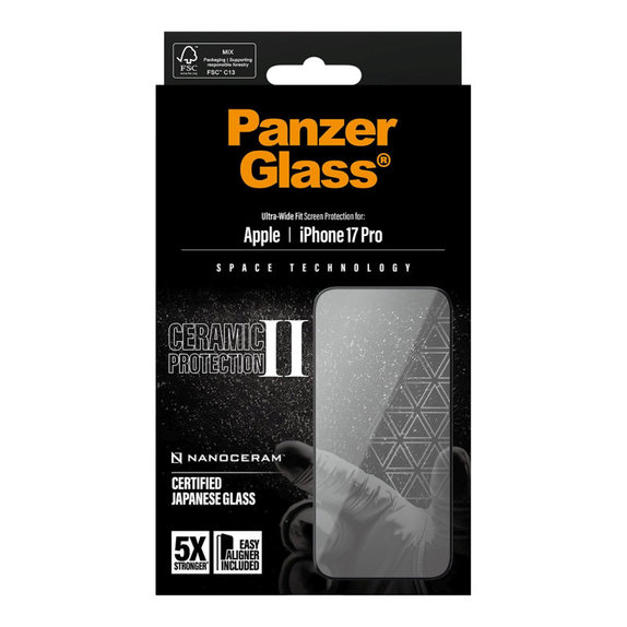 Kaljeno steklo UWF Ceramic II z aplikatorjem za iPhone 17 Pro, Črna, PanzerGlass