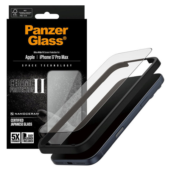 Kaljeno steklo UWF Ceramic II z aplikatorjem za iPhone 17 Pro Max, Črna, PanzerGlass