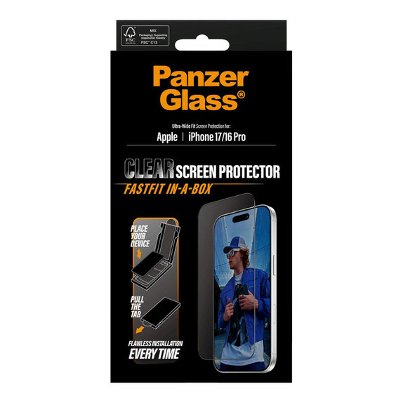 UWF kaljeno steklo s Fastfit za iPhone 17/16 Pro, Črna, PanzerGlass